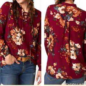 Blu Pepper‎ Floral Burgundy Top Long Sleeves Lined